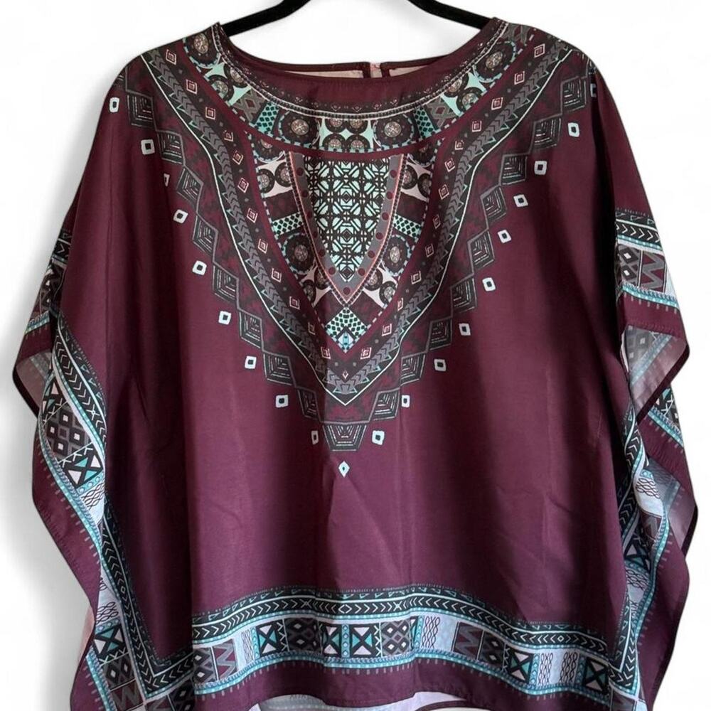 Womens Boho Burgundy Southwest Print Top